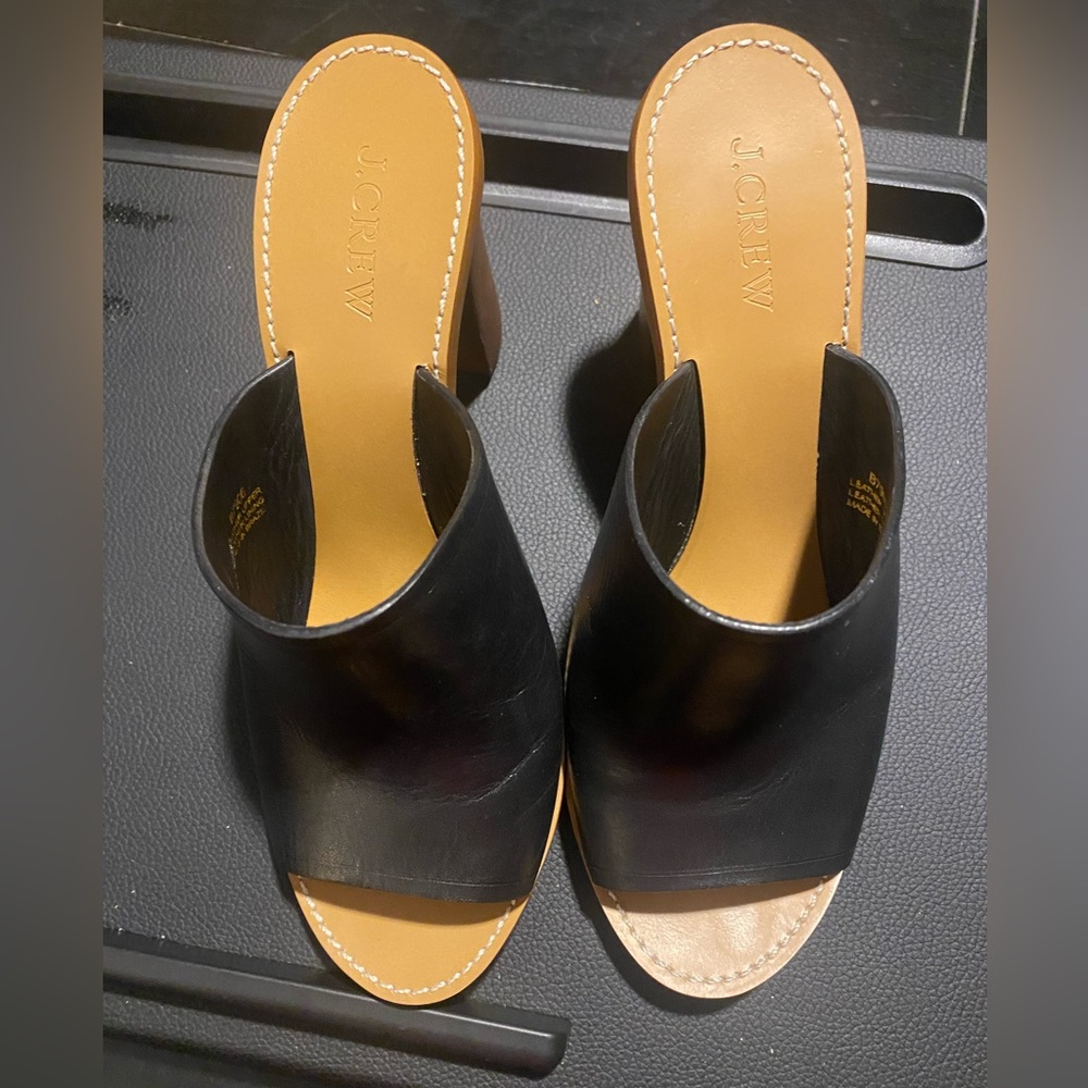 J Crew Open Toe Black Leather Mules  sz8